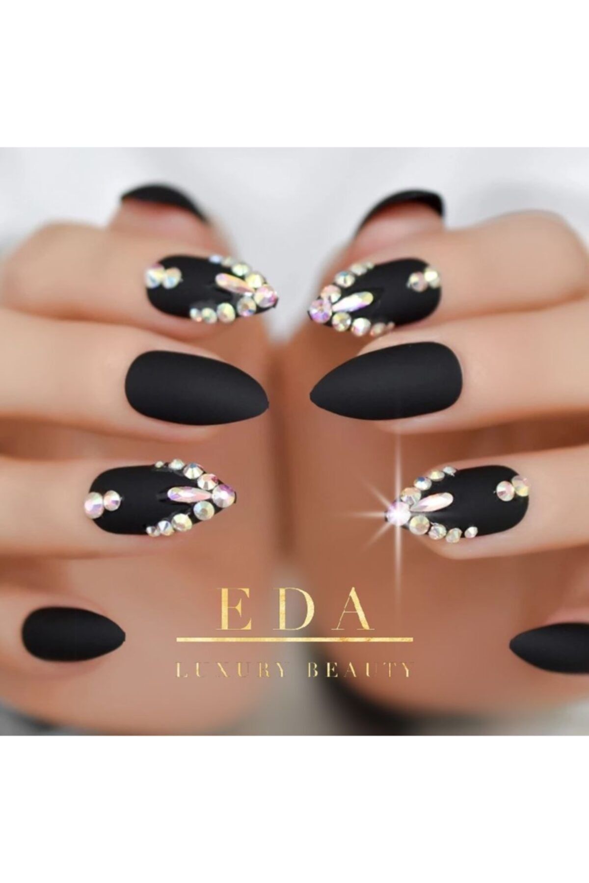 EDA LUXURY BEAUTY Siyah Mat Takma Tırnak Lüks 3d Kristal Taşlı Desenli Uzun Oval Stiletto Press On Nail Art Set