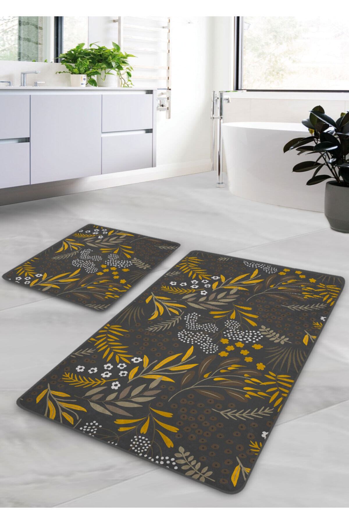 Pilloveland Kaymaz Taban Yıkanabilir 2’li Banyo Paspası - Füme Floral Desenli 60*100 Cm - 50*60 Cm
