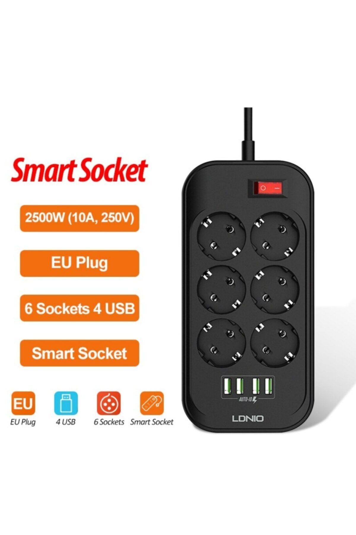 NO NAME 3.4a Auto 4 Port Usb Girişli 6'lı Akım Korumalı Priz
