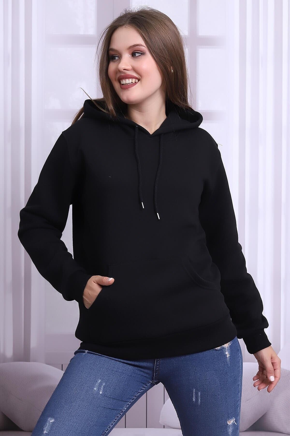 Deafox Siyah Üç Iplik Kapüşonlu Sweatshirt