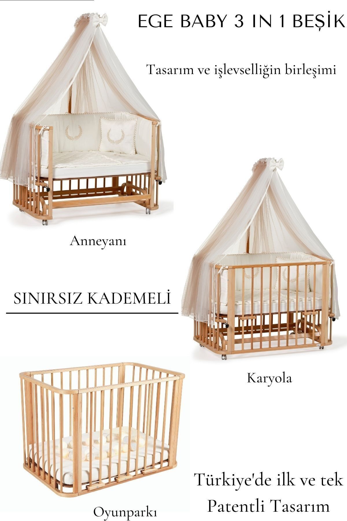 EGEBABY Ege Baby 2021 Collection Vernikli 3 In 1 Beşik(70x110) -bej Nakışlı Çift Tüllü Uyku Setiyle