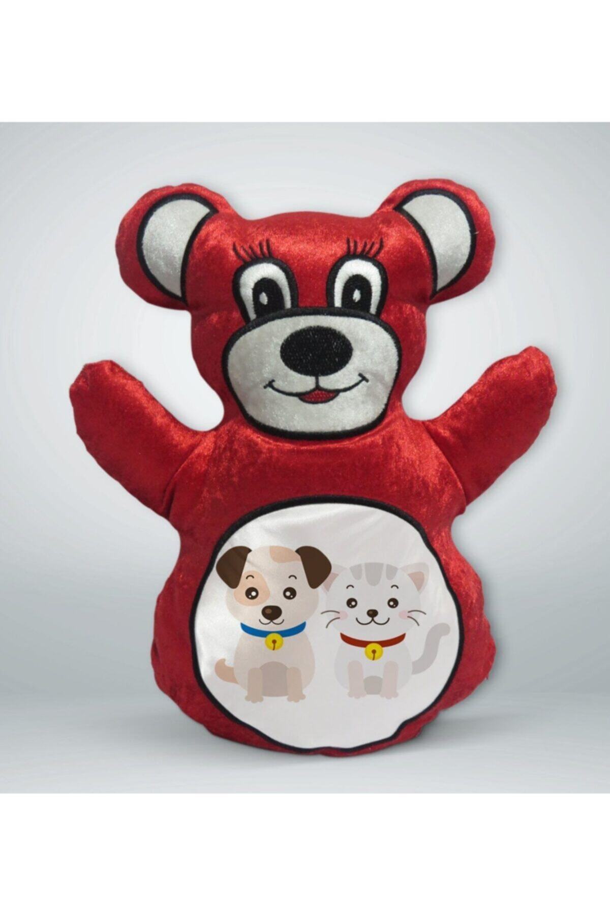 BK Gift Sevimli Kedi Ve Köpek Tasarımlı Kırmızı Ayıcık Yastık-1