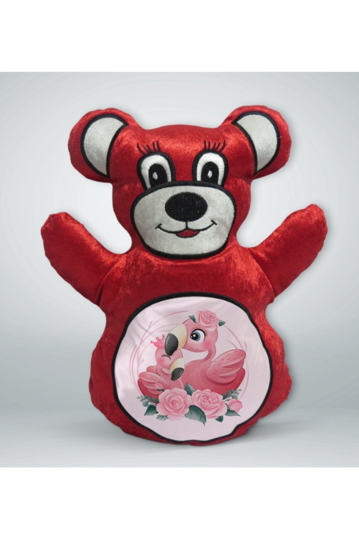 BK Gift Sevimli Flamingolar Tasarımlı Kırmızı Ayıcık Yastık-1