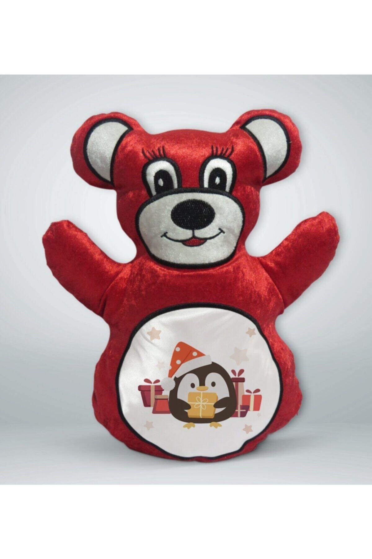 BK Gift Sevimli Penguen Tasarımlı Kırmızı Ayıcık Yastık-1