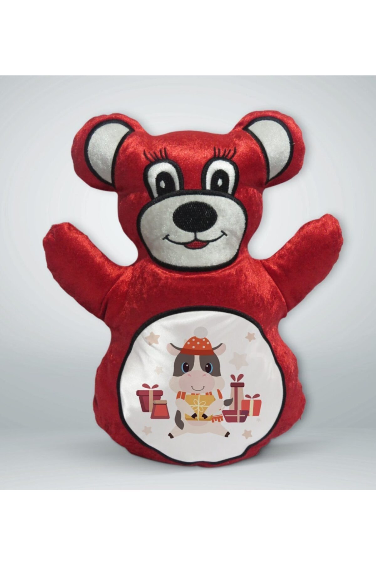 BK Gift Sevimli Inek Tasarımlı Kırmızı Ayıcık Yastık-1