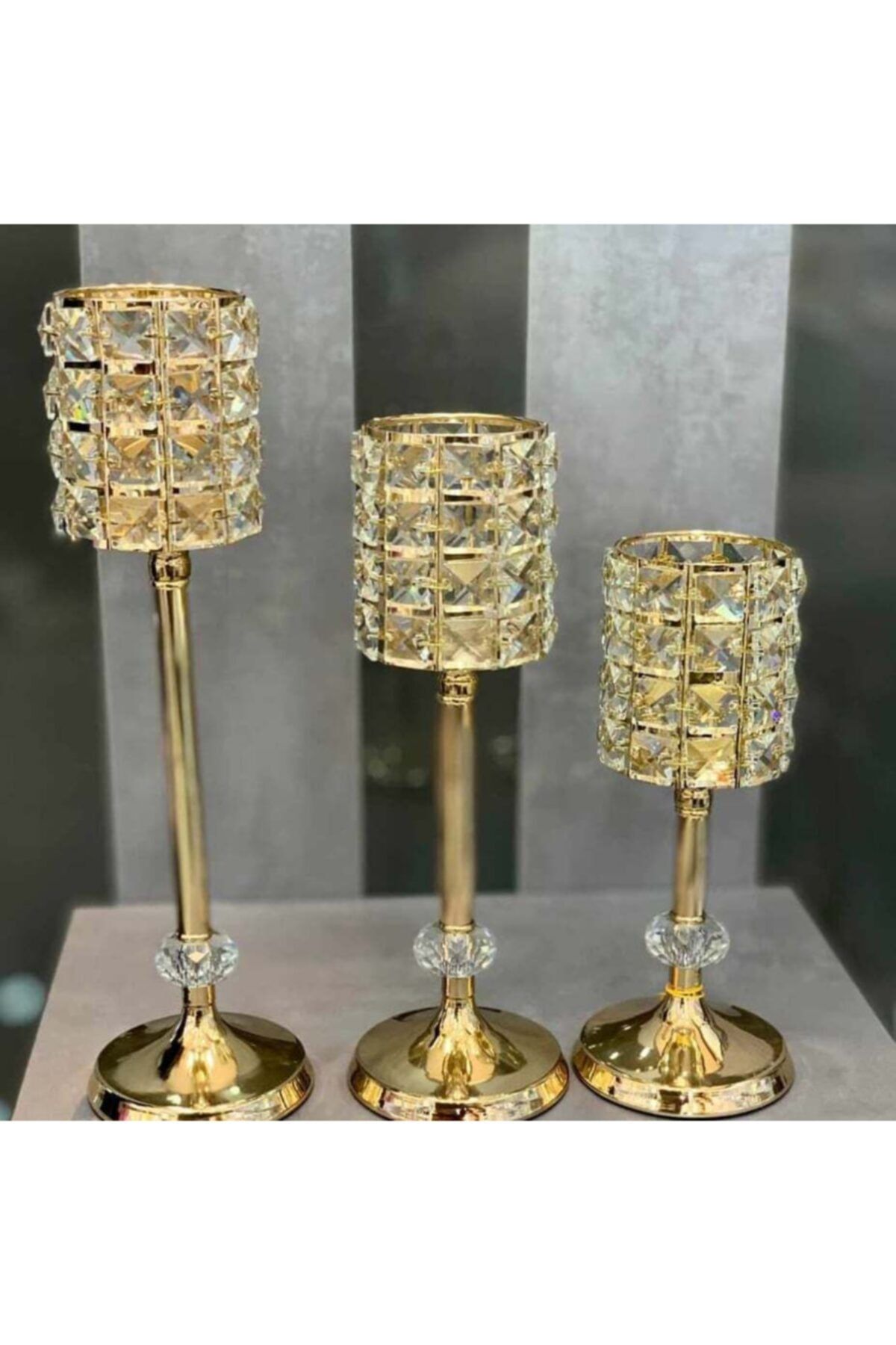 KÜBRAHOME'S Metal Ayaklı Kristal Taşlı 3lü Şamdan Seti Rose Gold