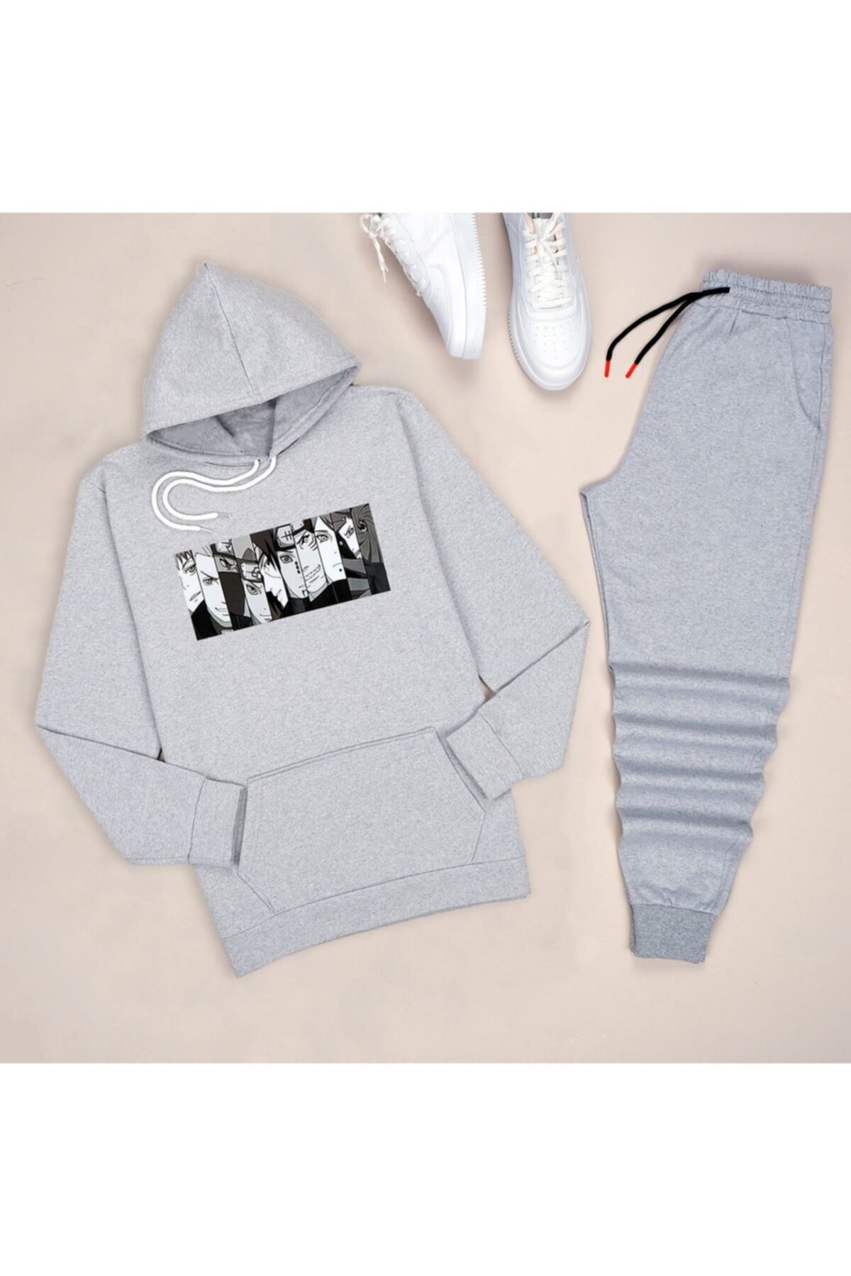 öz taha Kapşonlu Gri Anime Eşofman Takımı