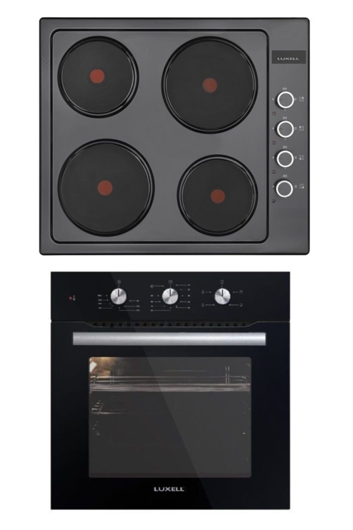 Luxell Mt Kristal Mekanik 4 Prg. Elektrikli Ocaklı Siyah Cam 2li Ankastre Set
