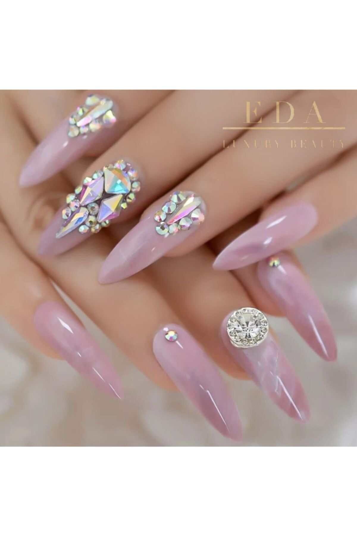EDA LUXURY BEAUTY Pembe Takma Tırnak Lüks Parlak 3d Kristal Taşlı Mermer Desenli Extra Uzun Sivri Uçlu Stiletto Set