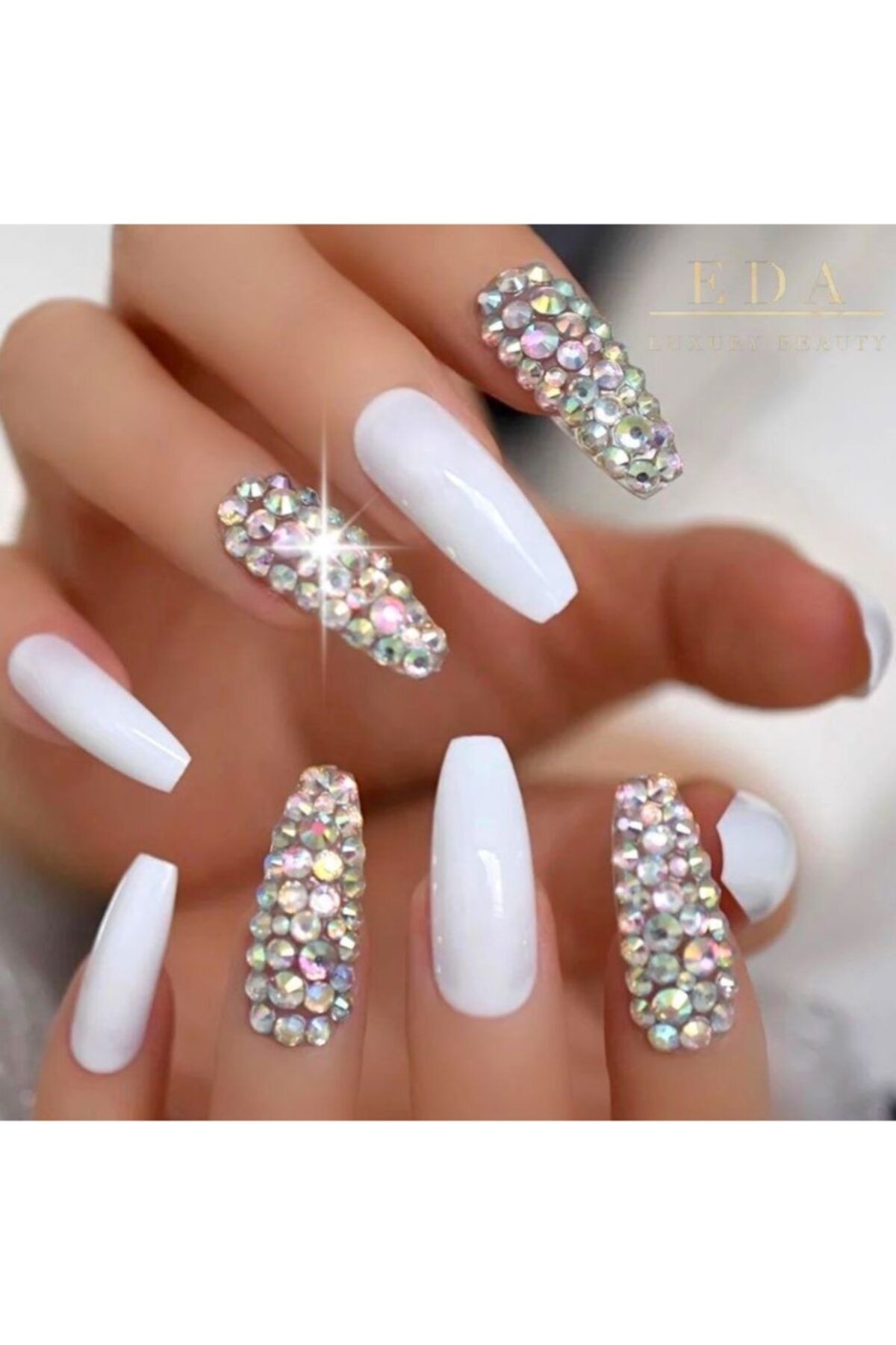 EDA LUXURY BEAUTY Beyaz Takma Tırnak Lüks Parlak Kristal Taşlı Desenli Extra Uzun Kare Köşeli Ballerina Nail Art Set