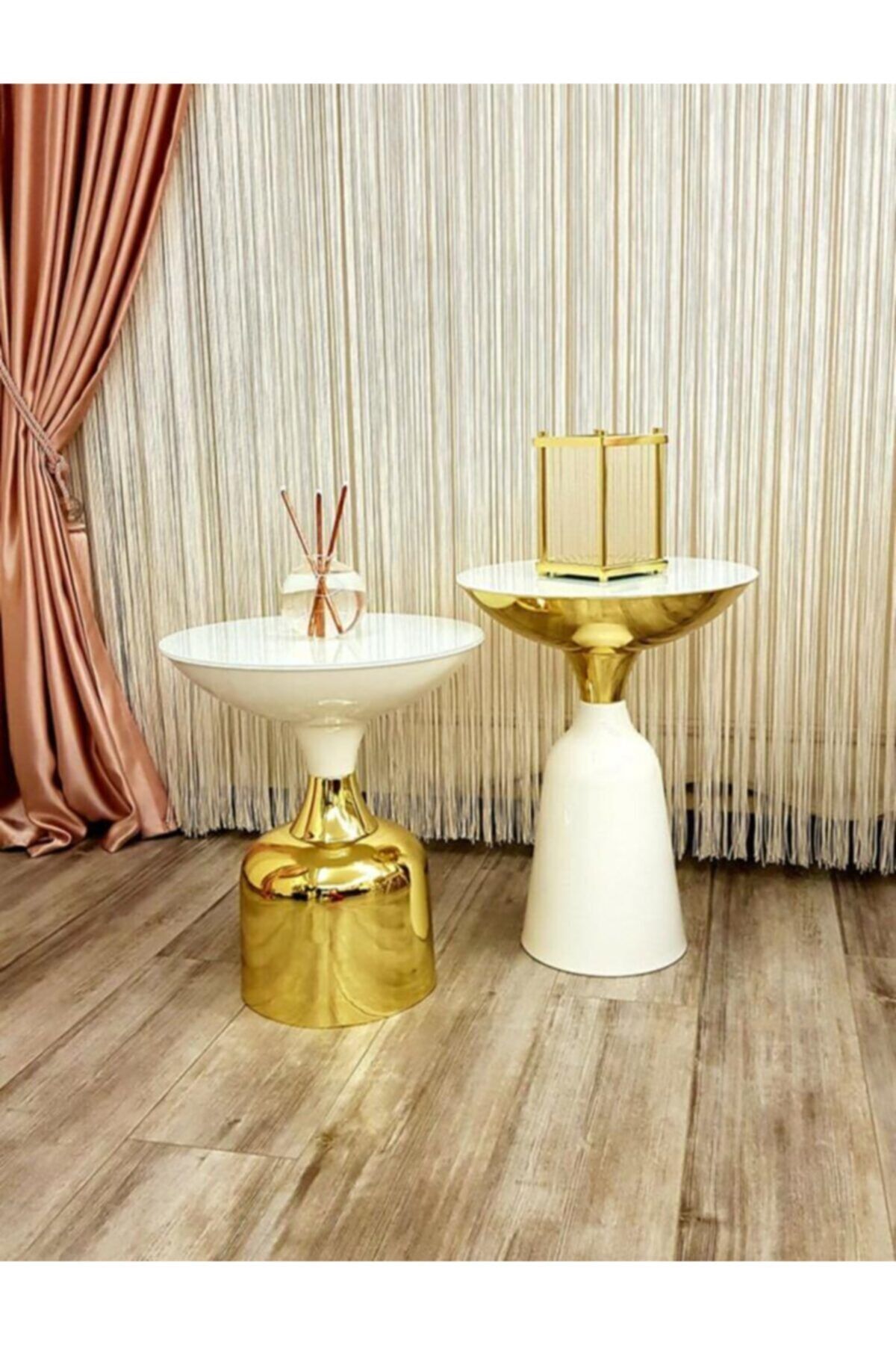 evdeniste Olympos Dekoratif Parlak Beyaz Uzun Model Gold Sehpa 55 cm