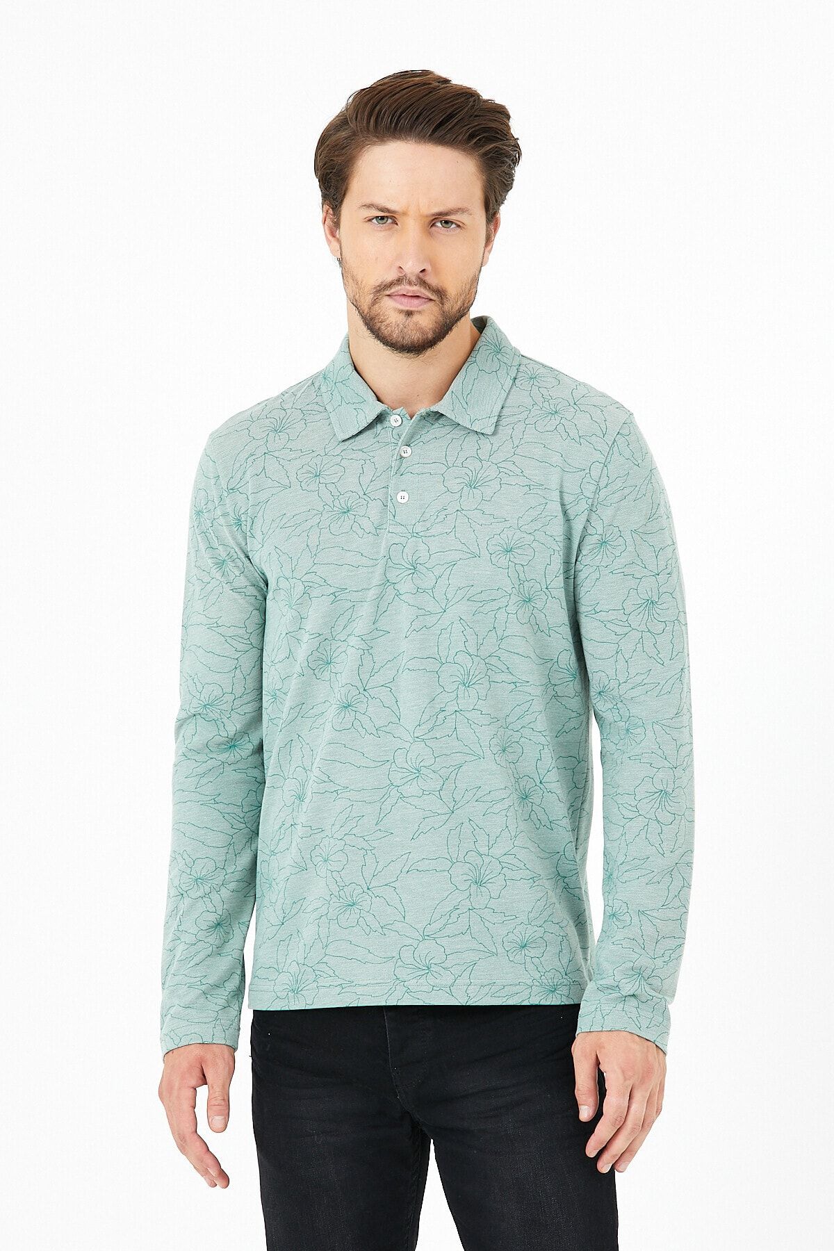 UNV COLLECTION Erkek Yeşil Desenli Uzun Kollu Polo Yaka T-shirt