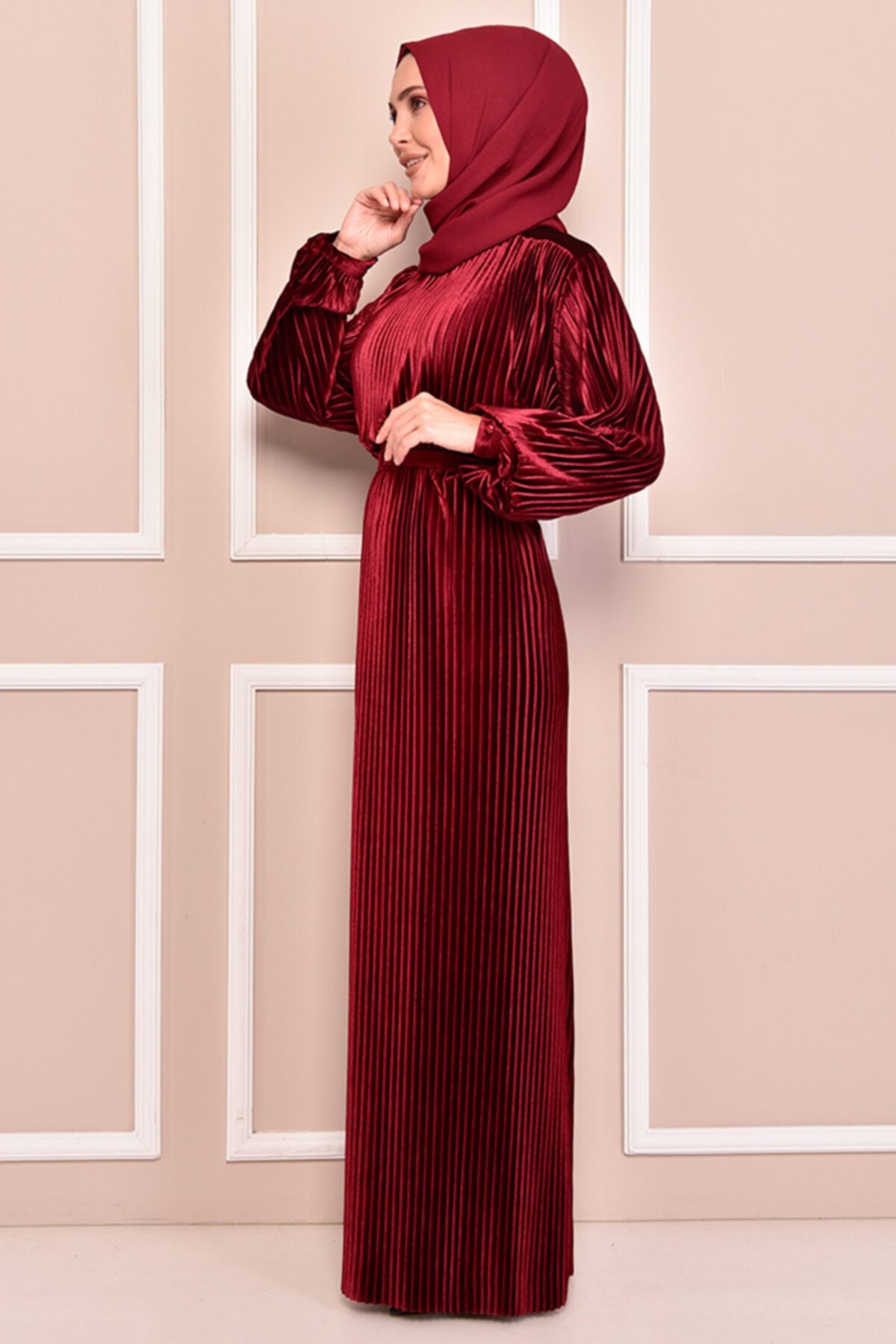 ModaMerve Piliseli Kadife Elbise Bordo 2090