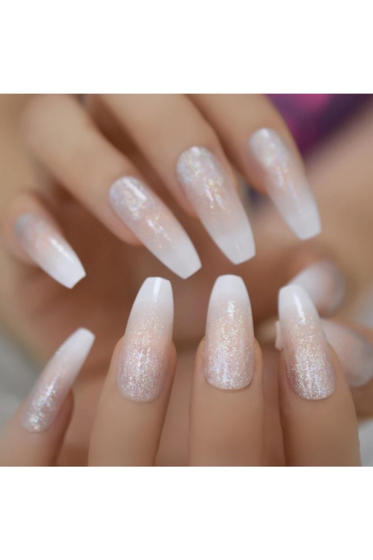 EDA LUXURY BEAUTY Doğal Pembe Beyaz Simli Ombre French Takma Tırnak Lüks Desenli Extra Uzun Kare Coffin Nail Art Set