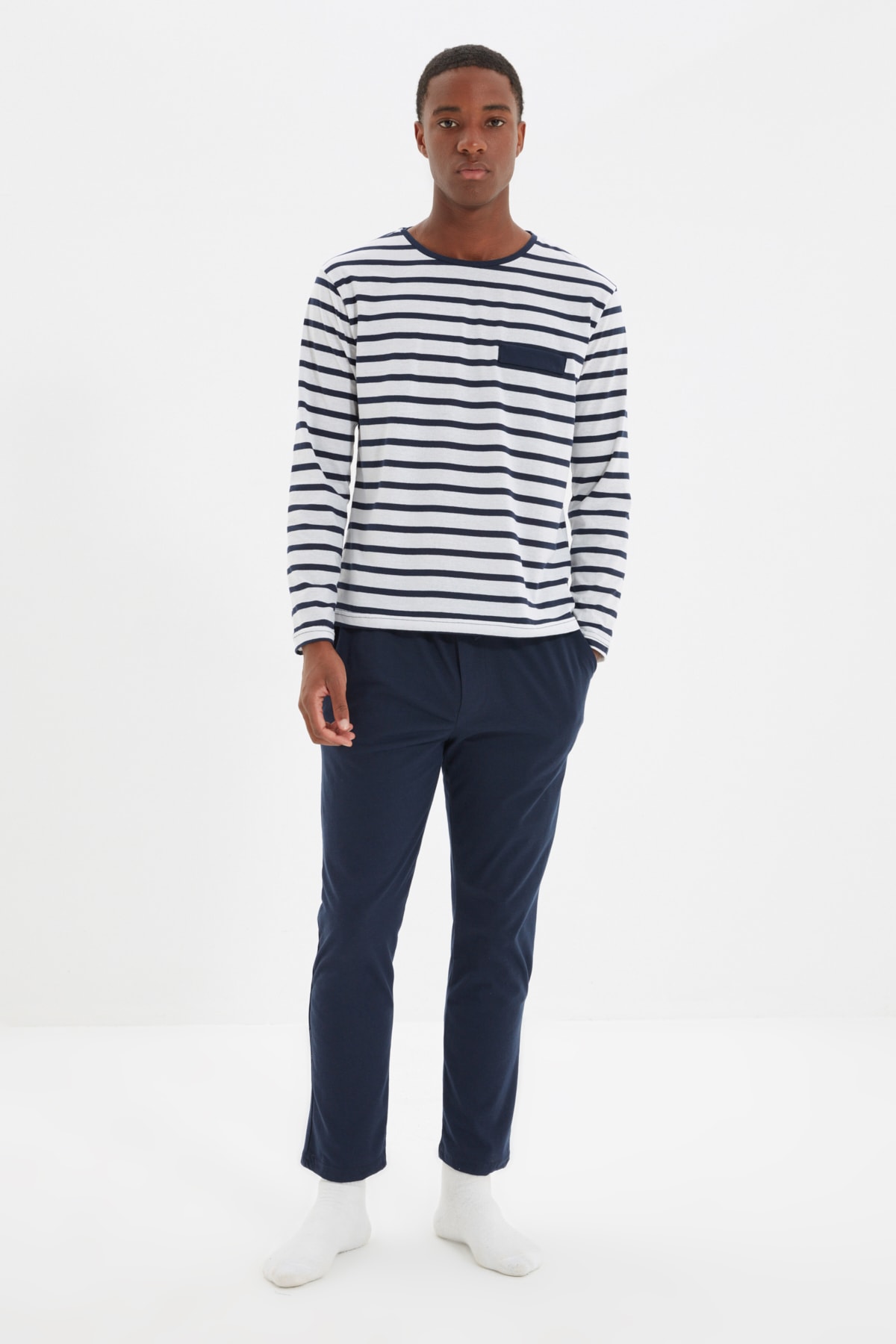 TRENDYOL MAN Lacivert Erkek Regular Fit Çizgili Üst Pijama Takımı THMAW22PT0416