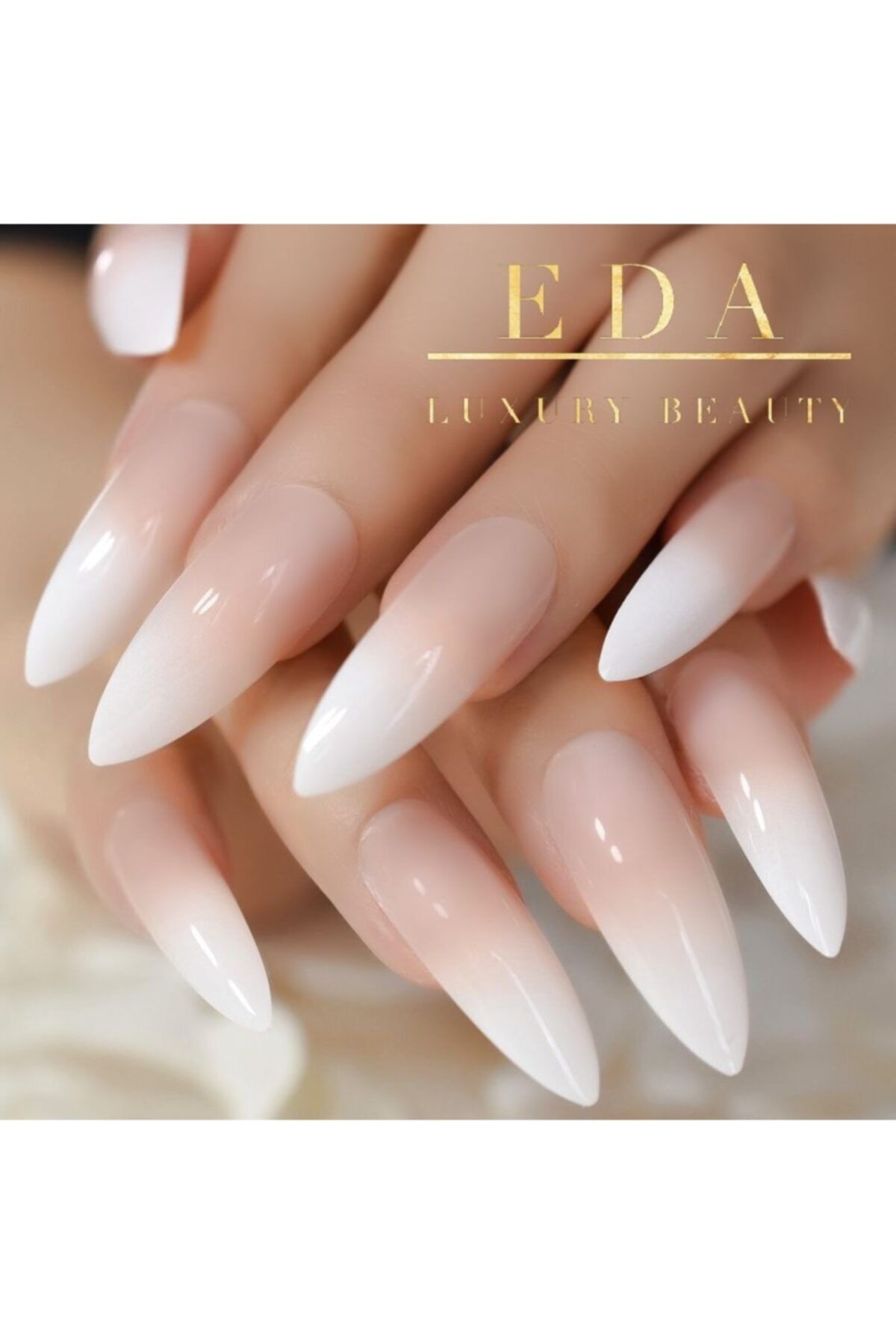 EDA LUXURY BEAUTY Pembe Beyaz Ombre French Takma Tırnak Lüks Parlak Extra Uzun Sivri Uçlu Stiletto Nail Art Set