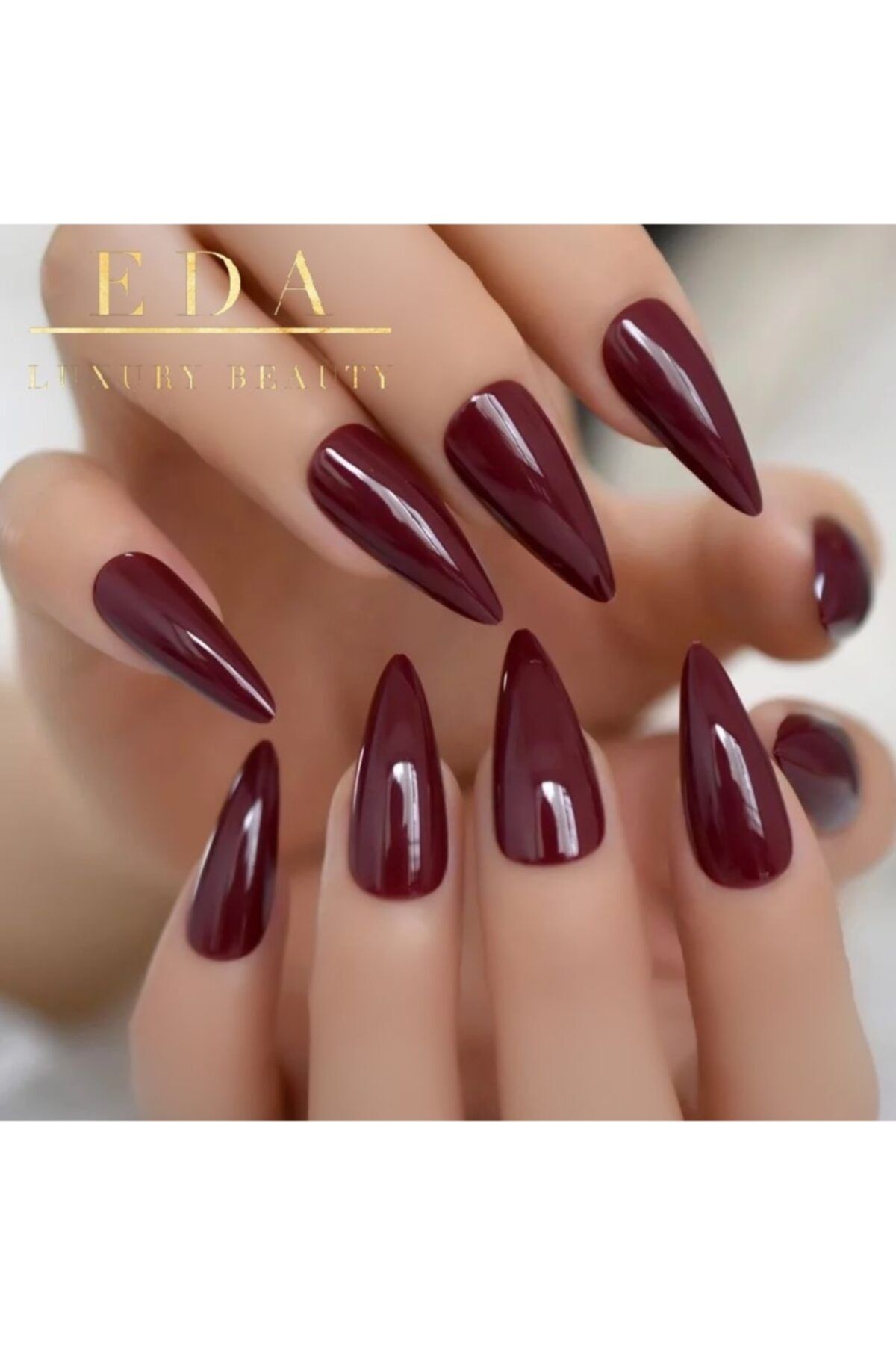 EDA LUXURY BEAUTY Koyu Kırmızı Bordo Takma Tırnak Lüks Parlak Extra Uzun Sivri Uçlu Stiletto Nail Art Set