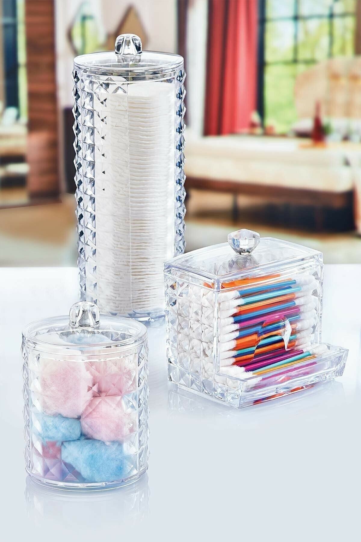 inteklife 3 Parça Diamond Organizer Set, Pamukluk, Çubuklu Pamukluk, Makyaj Temizleme