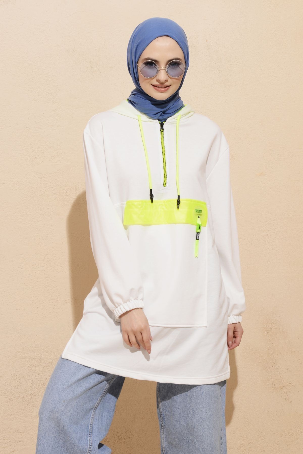Nefise File Kapüşonlu Cepli Yarım Fermuar Sweatshirt - Ekru-yeşil