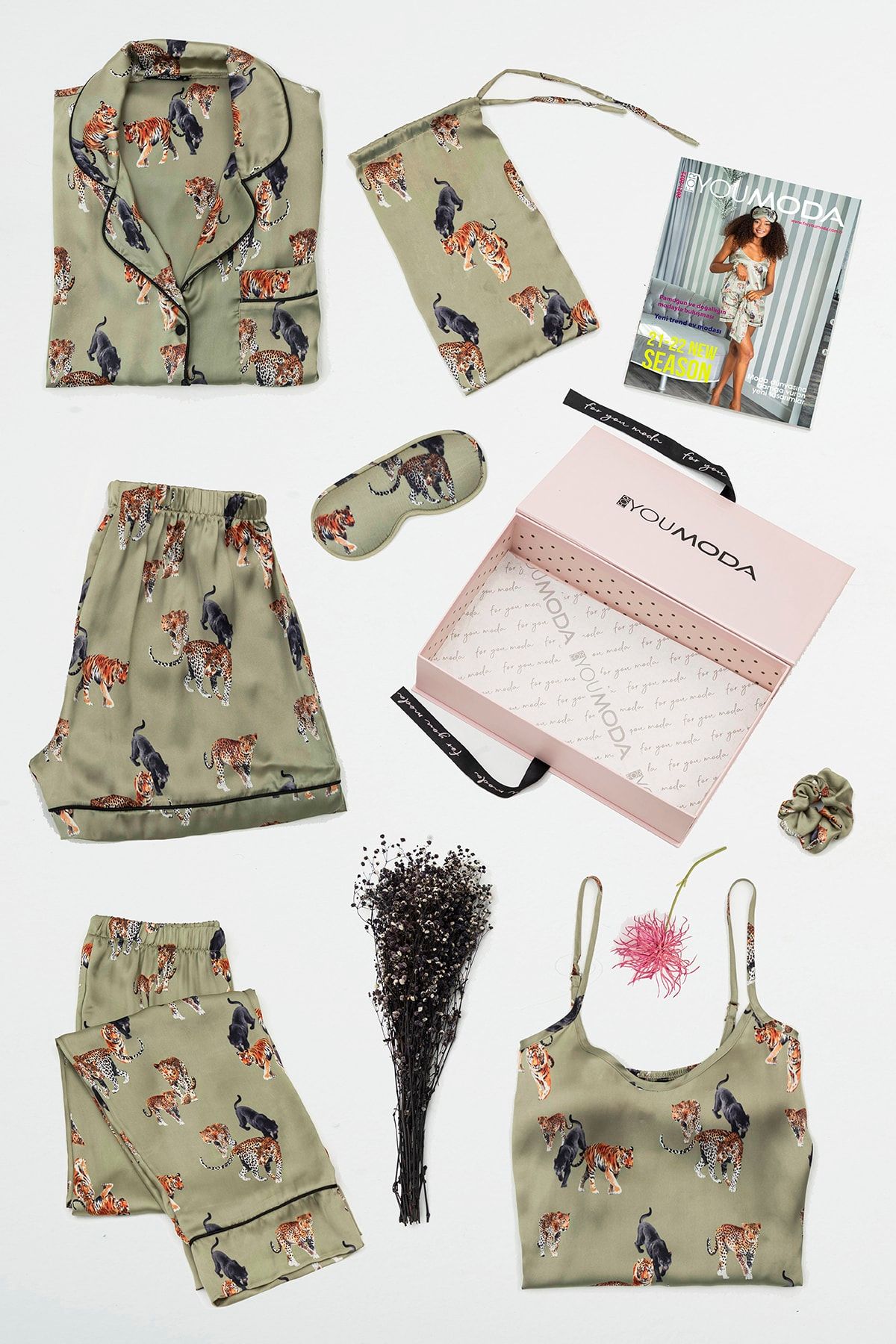 FOR YOU MODA Kadın Saten 7 Li Kaplan Pijama Takımı Yeşil