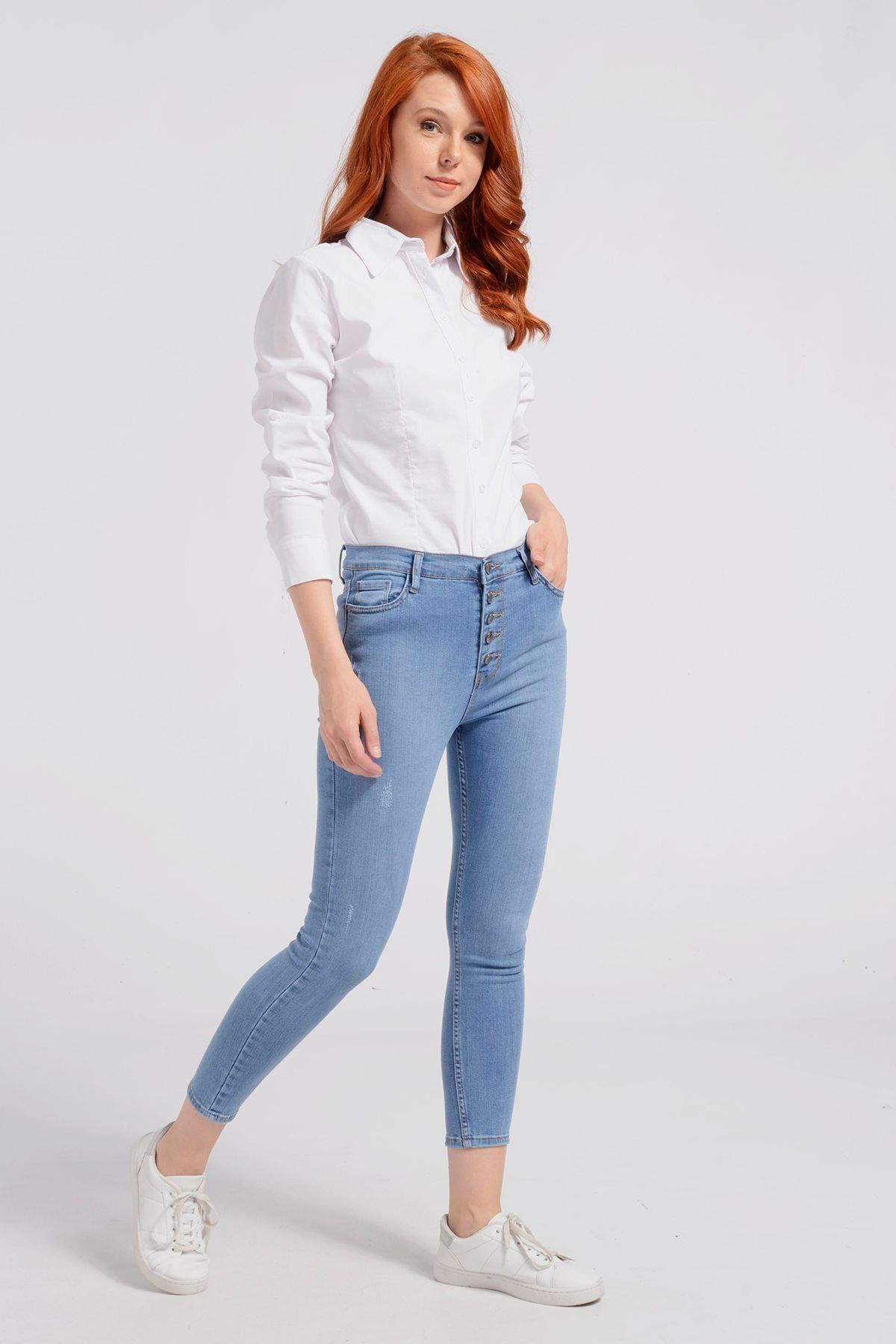 Nefise Önden Düğmeli Yüksek Bel Skinny Jeans Buz Mavi