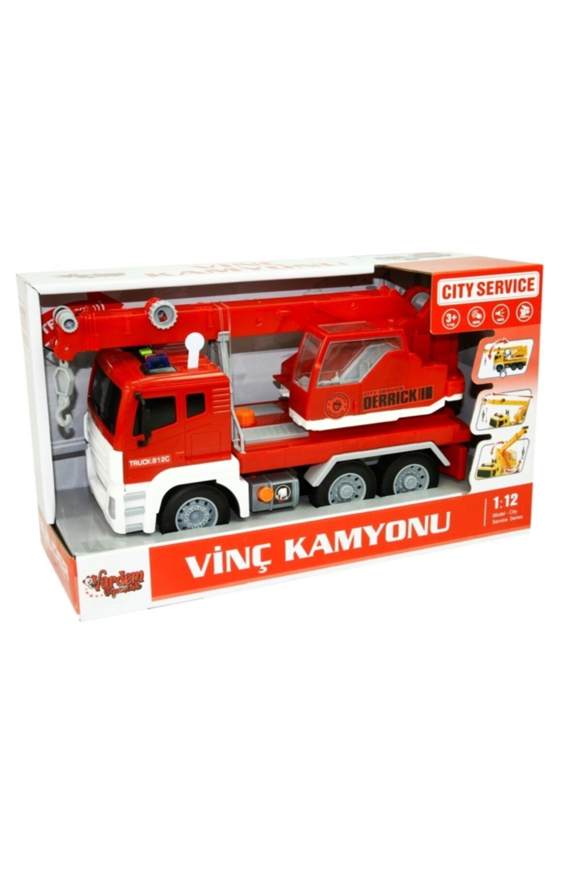 Vardem 1:12 Sürtmeli Sesli Işıklı Vinç Kamyonu Kırmızı
