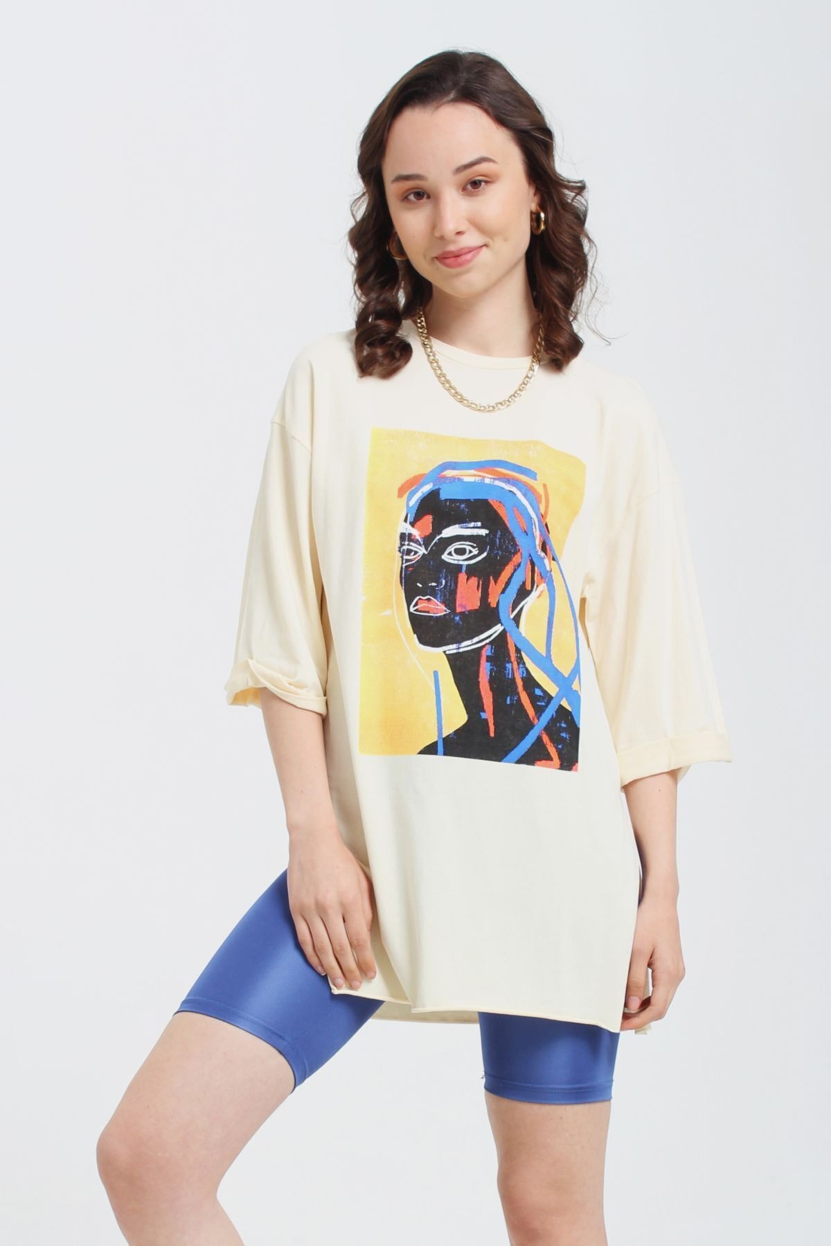 Nefise Baskılı Tshirt  Krem