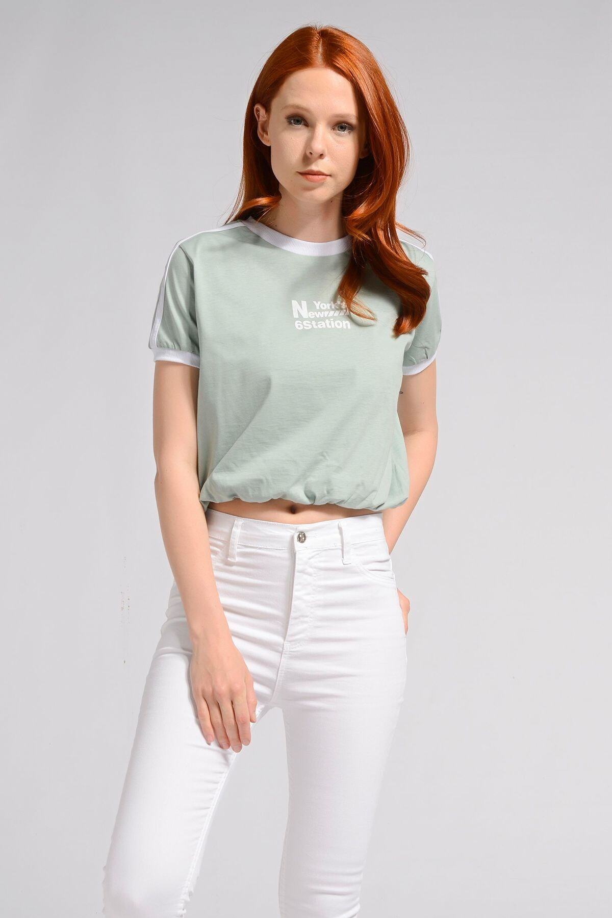 Nefise Baskılı Kısa Kollu Mini Penye - Mint