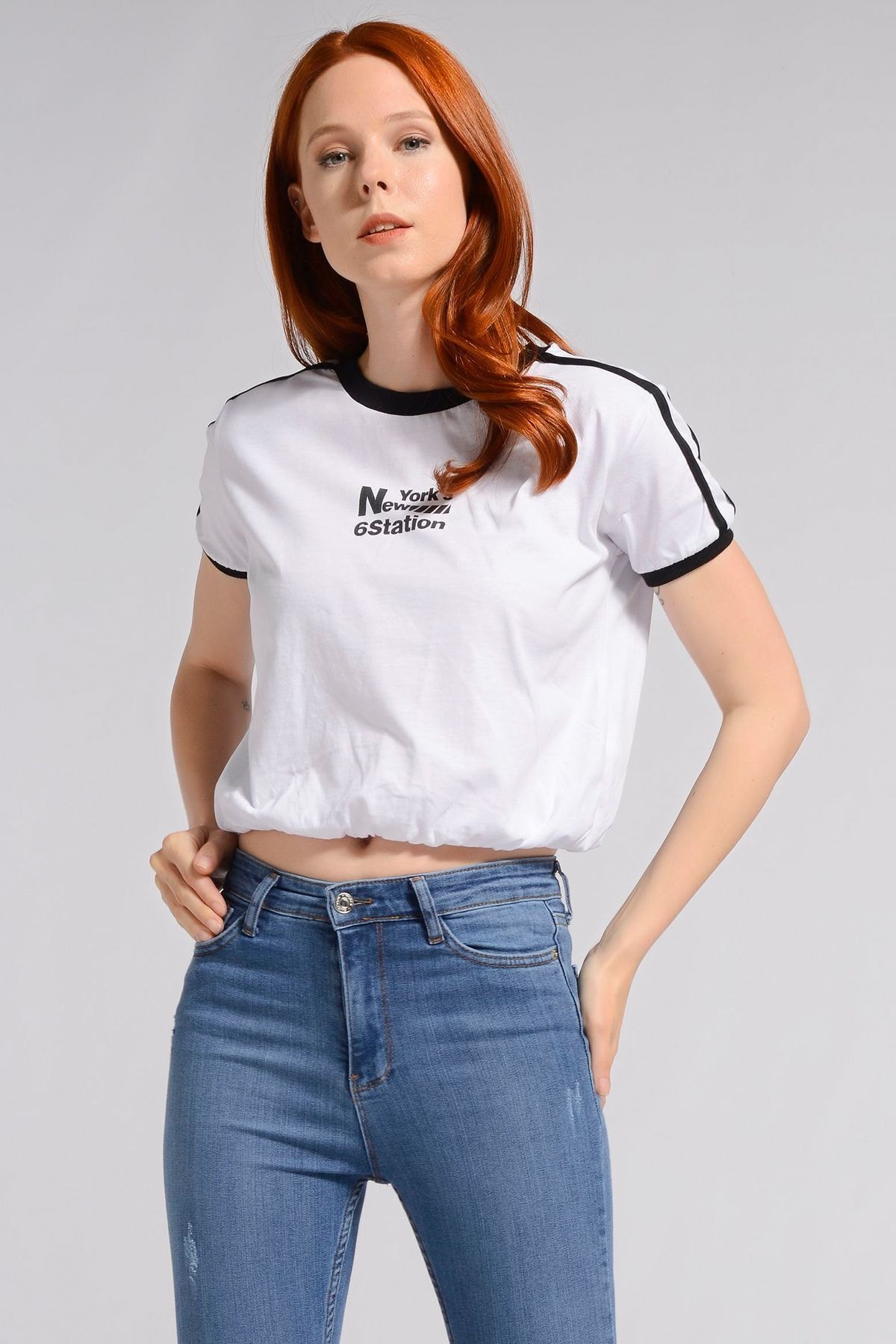 Nefise Baskılı Kısa Kollu Mini Penye - Beyaz