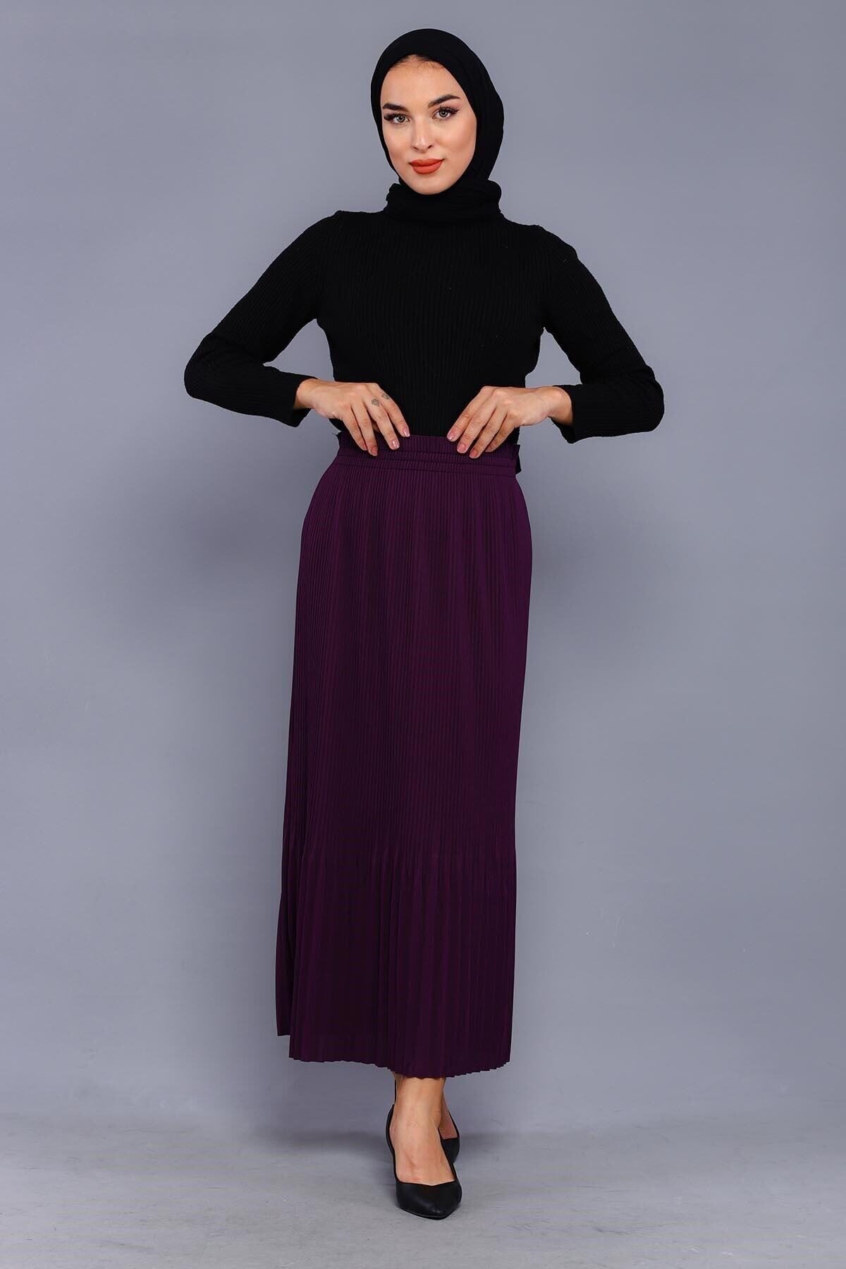 nurneva Ince Pliseli Uzun Etek Mor