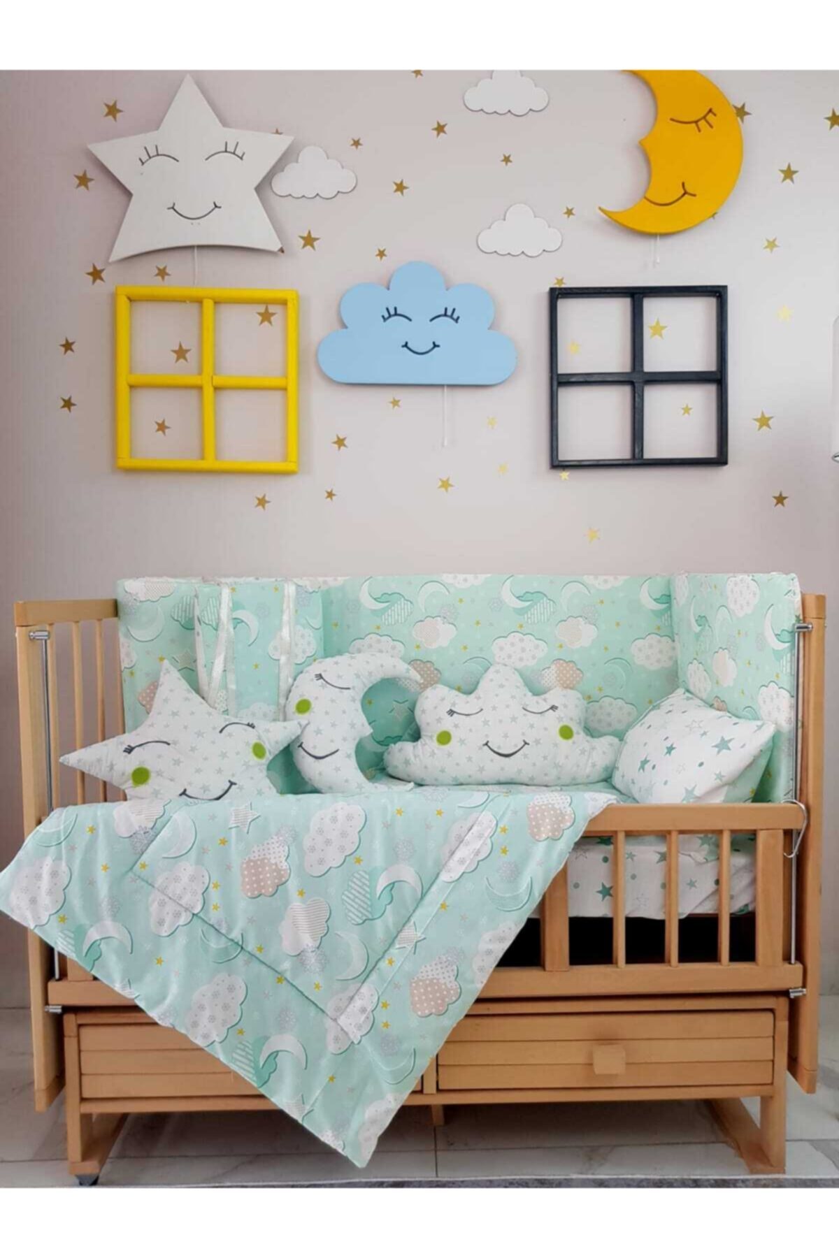 uykucubebe 60x120 Unisex Yeşil Bulutlu Uyku Seti 9 Parça 6502kombin