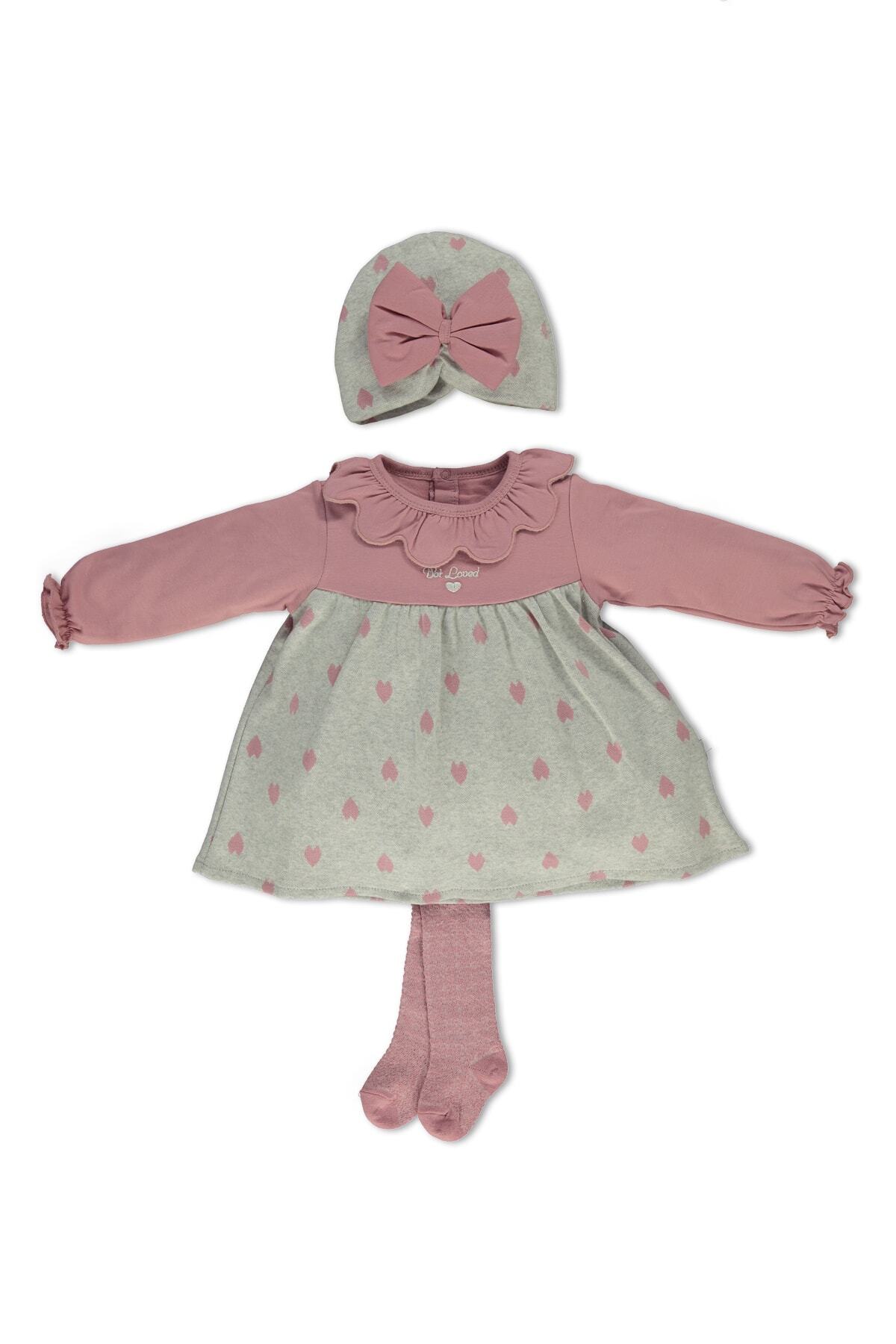 Bebetto Jakarlı Orme Elbıse Sapka Kılotlu Corap 3lu Kız Bebek Takım (sweet Heart) (k3173)