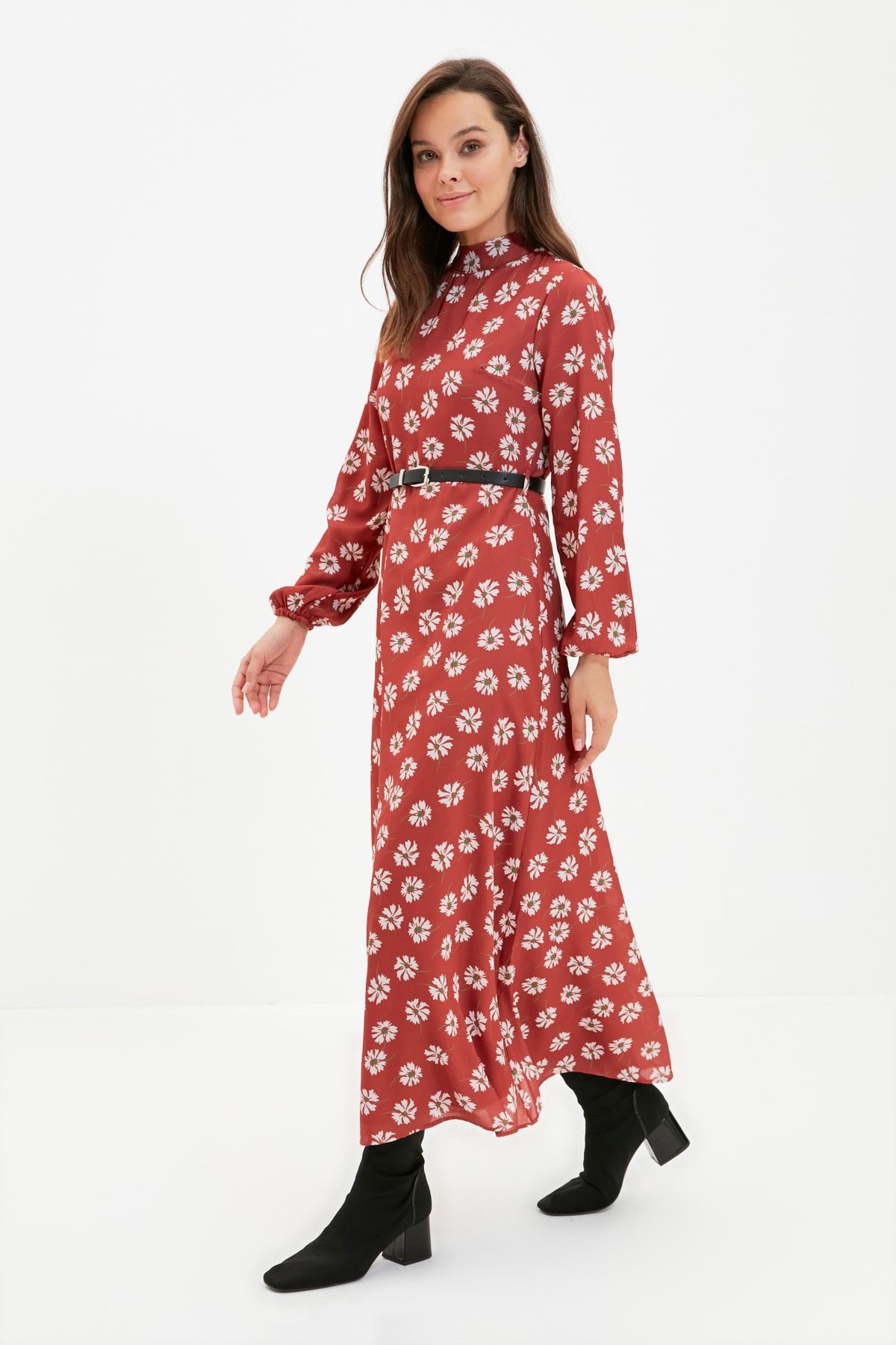 Trendyol Modest Kiremit Dik Yaka Çiçek Desenli Kemerli Elbise TCTAW22EB0152