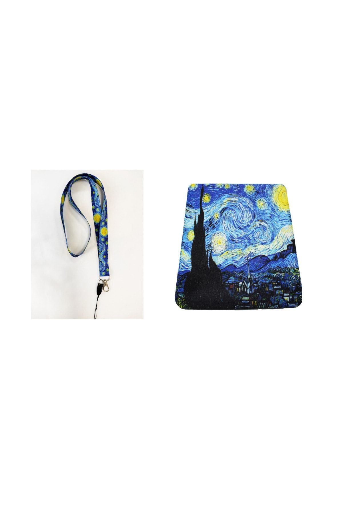 VİZYON Van Gogh Yıldızlı Gece Desenli Boyun Kart Askı Ipi + Bilek Destekli Dikdörtgen Mousepad