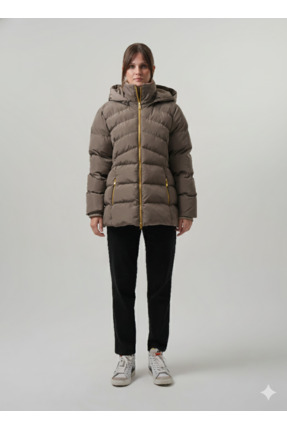 Kapüşonlu Ribanalı Kadın Şişme Mont Hande Image 1