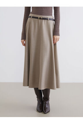 Bej Beli Kemerli Kloş Etek Image 1