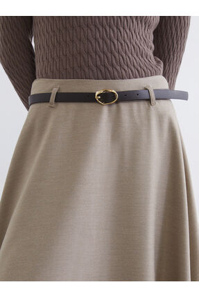 Bej Beli Kemerli Kloş Etek Image 2