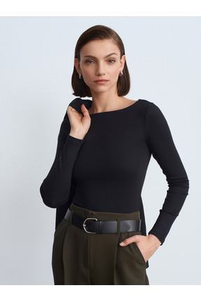 31332 Kayık Yaka Uzun Kollu Top-Siyah Image 3