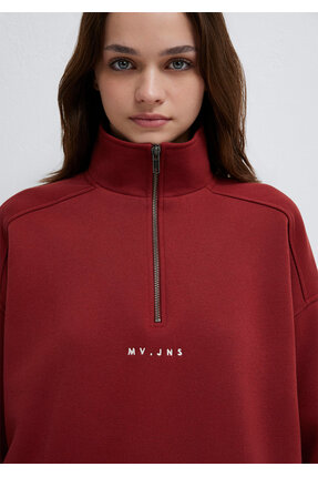MVJNS Nakışlı Yarı Fermuarlı Kırmızı Sweatshirt 1S10533-70411 Image 5