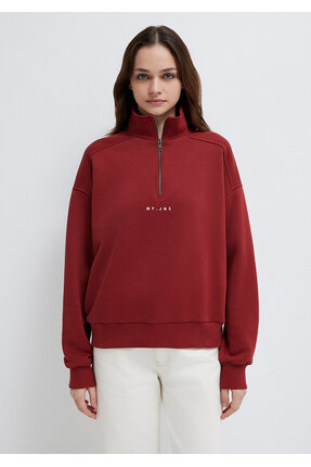 MVJNS Nakışlı Yarı Fermuarlı Kırmızı Sweatshirt 1S10533-70411 Image 2