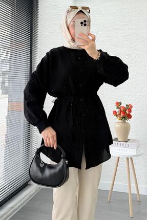 Pul Detaylı Kemerli Kadın Gömlek Tunik – Siyah Image 7
