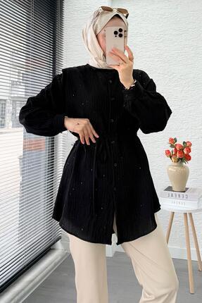Pul Detaylı Kemerli Kadın Gömlek Tunik – Siyah Image 0