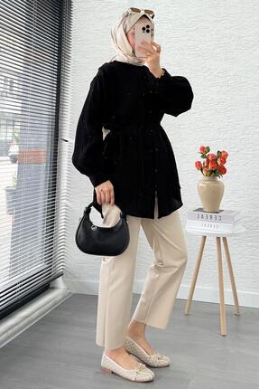 Pul Detaylı Kemerli Kadın Gömlek Tunik – Siyah Image 2