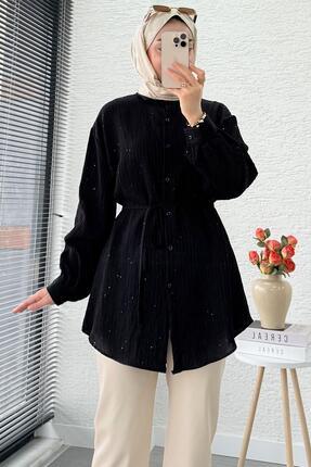 Pul Detaylı Kemerli Kadın Gömlek Tunik – Siyah Image 6