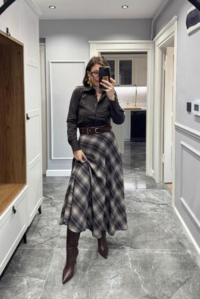 Ekose Kemerli Etek Kahverengi-Bej Image 2