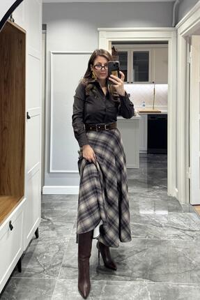 Ekose Kemerli Etek Kahverengi-Bej Image 4