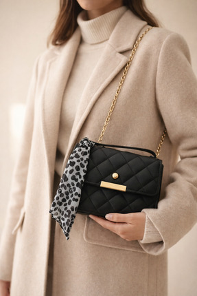 Siyah Kapitone Kadın Omuz Çantası – Zincir Askılı Şallı Mini El ve Çapraz Çanta Image 0