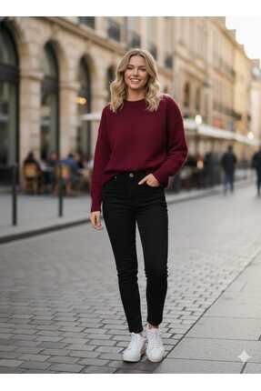 Bordo Bisiklet Yaka Oversize Triko Kadın Kazak Image 0