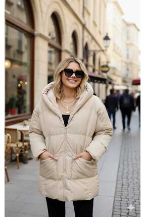 Bej Renk Fermuar Kapamalı Kapüşonlu Rüzgar Geçirmez Kadın Şişme Mont Image 1