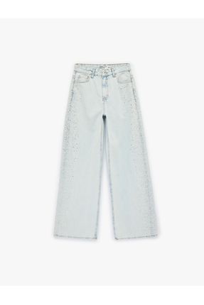 Pamuklu Düğmeli Cepli Geniş Paça Taşlı Denim Pantolon - Wide Leg Jeans Image 0